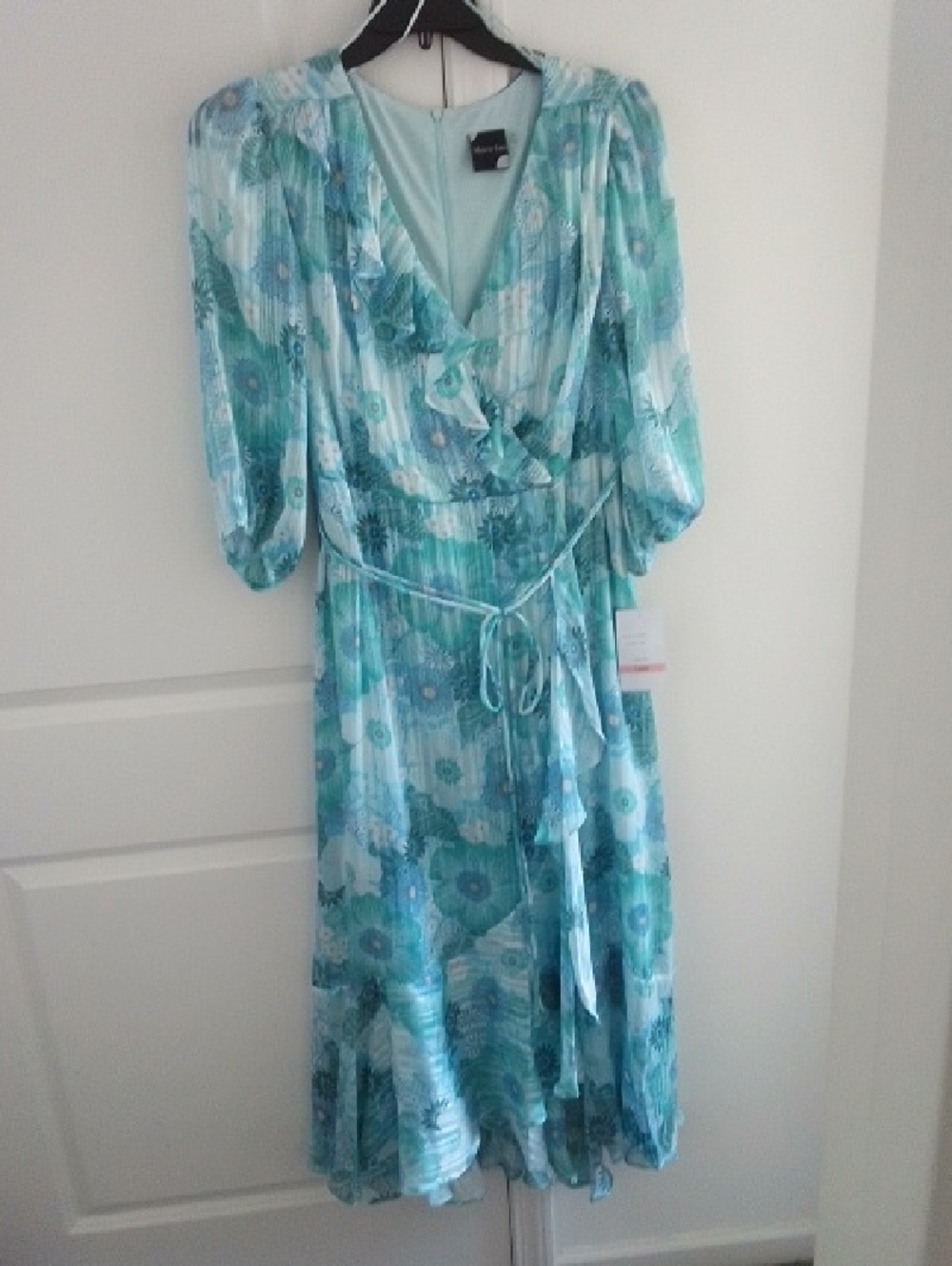 Floral Aqua Wrap Midi Dress with Ruffle Trim